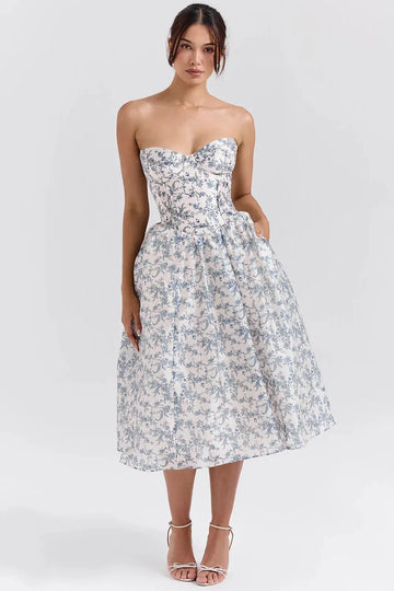Vestido Midi Floral Elegante con Corset – Modelo Estefhanie