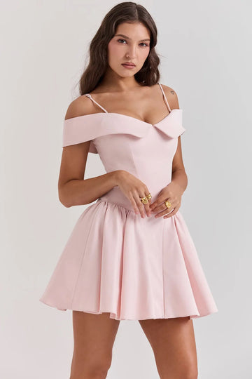 Vestido Corto Bailarina Off Shoulder Rosa Modelo Elida