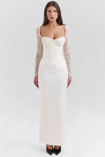 Vestido Largo Blanco de Satén con Encaje – Segundo Vestido de Novia
