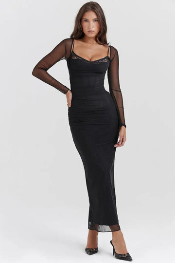 Vestido Largo con Encaje y Corset – Elegante de Manga Larga