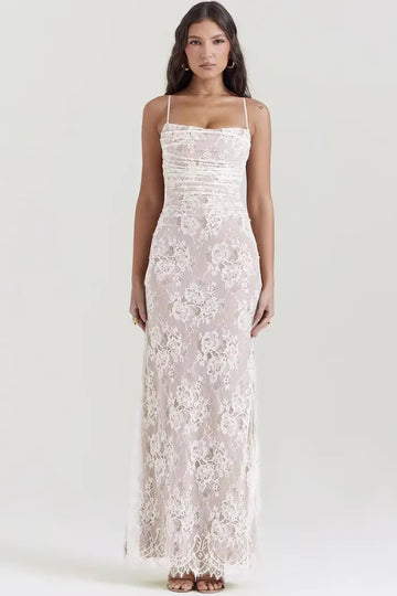 Vestido blanco largo de encaje con corset – Elegancia para boda civil o gala