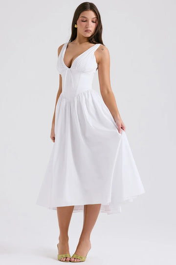 Vestido Blanco Midi para Boda Civil con Corset y Bolsillos – Emmelina