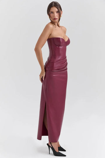 Vestido Largo Elegante con Corset en Cuero Vegano – Raquel