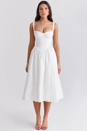 Vestido Midi Blanco con Corset para Boda Civil de Día – Aghata