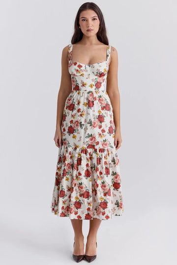 Vestido Midi Floral Elegante con Corset de Algodón – Modelo Elia