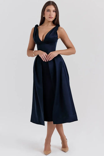 Vestido Midi Elegante con Plisado y Satén – Modelo Paloma