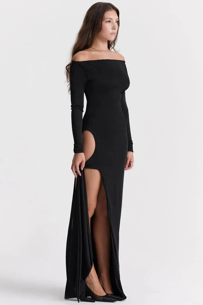 Vestido Largo Negro con Recortes - Luiza
