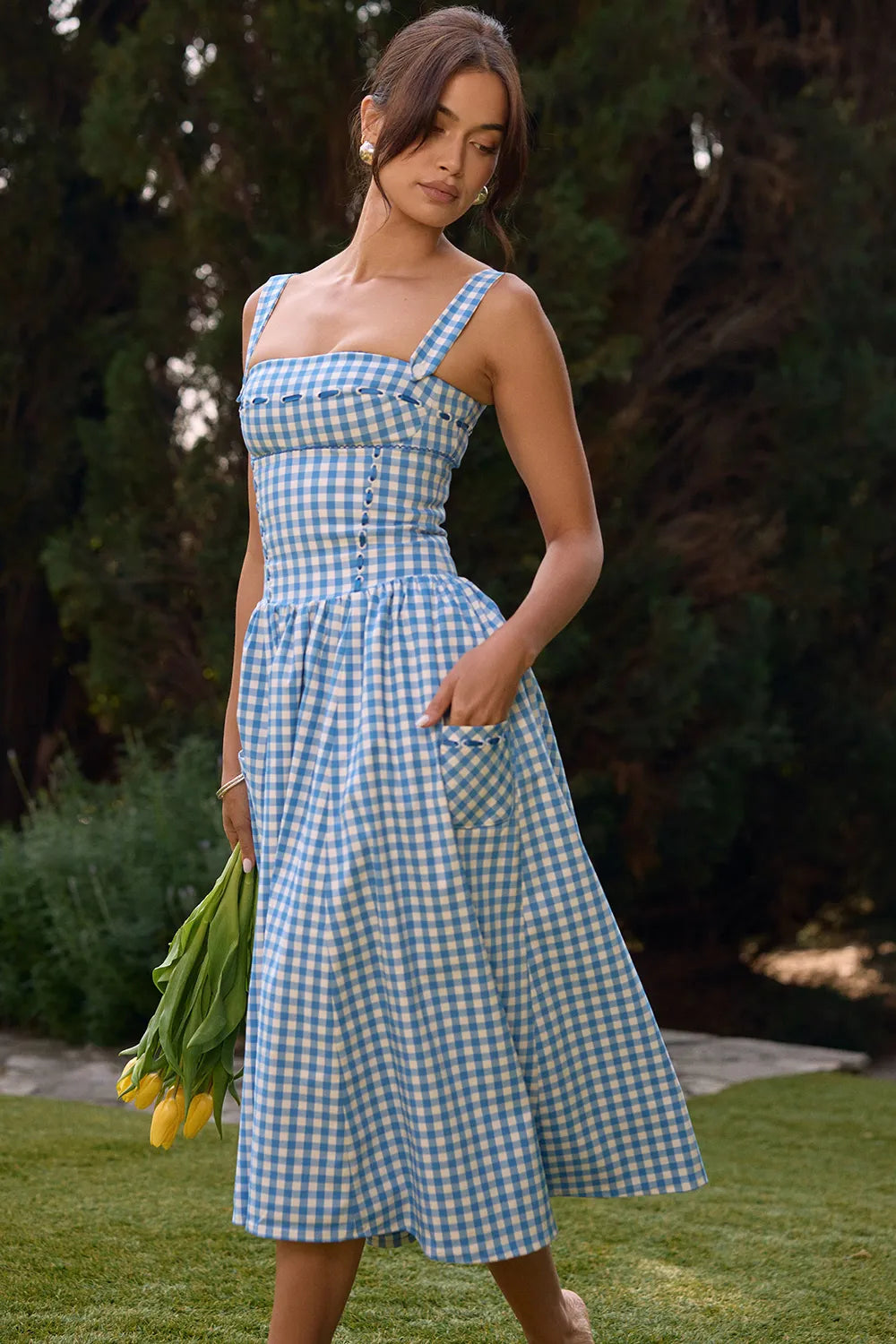 Vestido Midi Cuadros Moldeador - Modelo Lauren