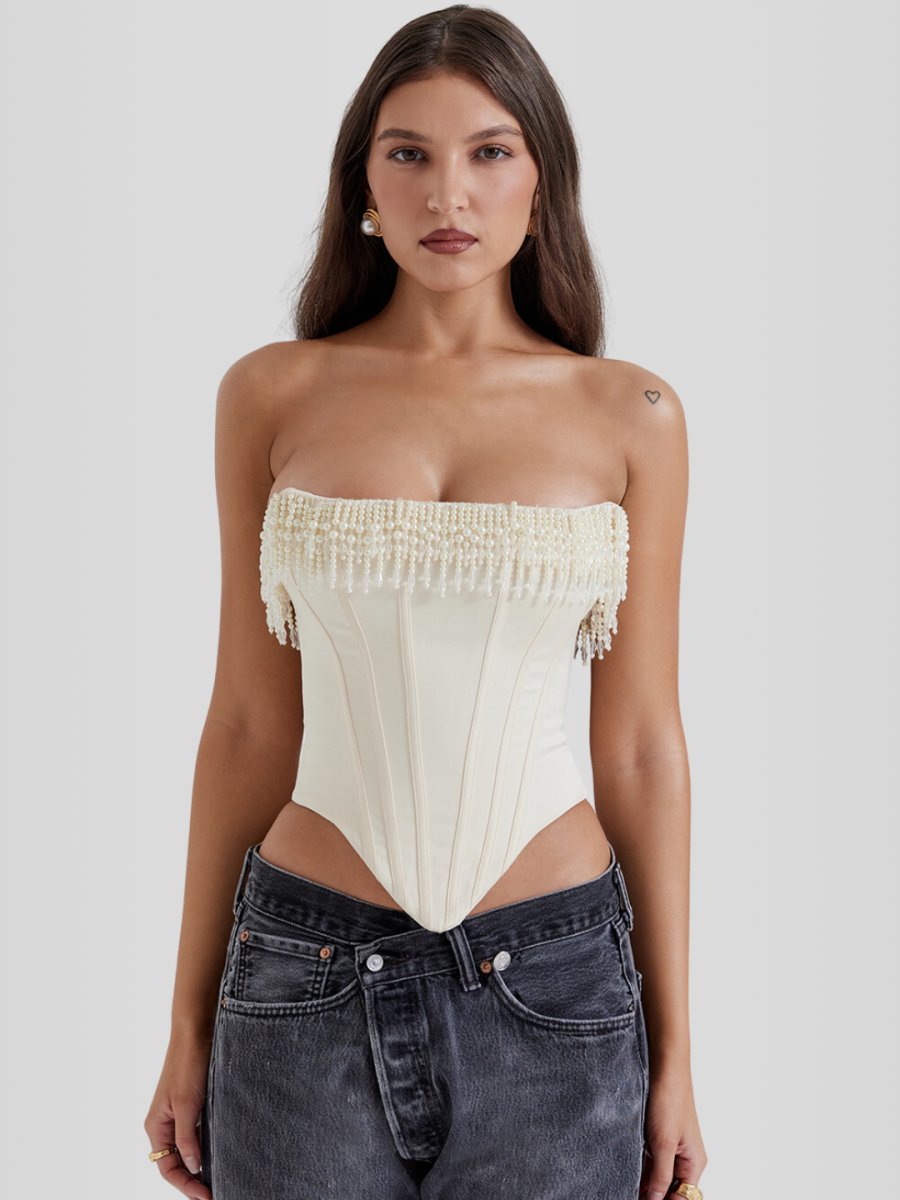Corset Blanco Elegante con Perlas Bordadas