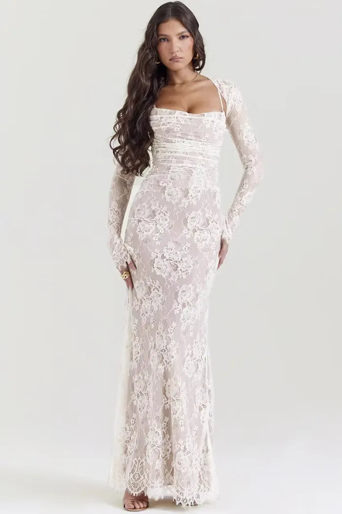 Vestido blanco largo de encaje con corset – Elegancia para boda civil o gala