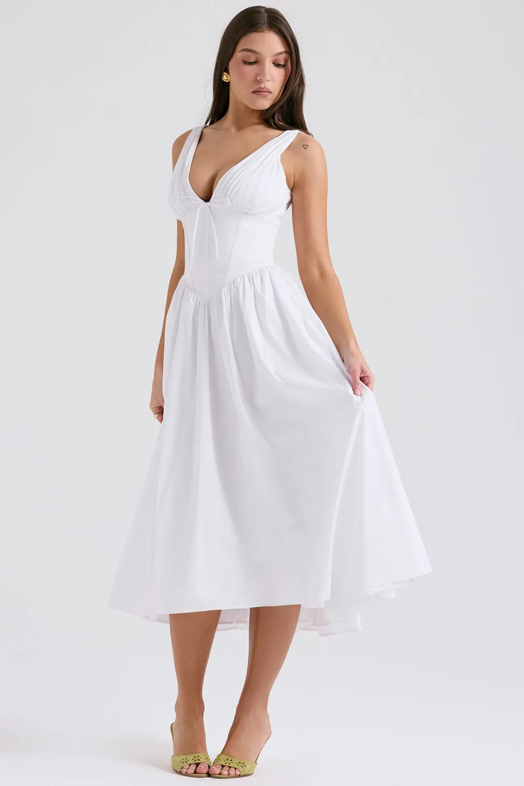 Vestido Blanco Midi para Boda Civil con Corset y Bolsillos – Emmelina