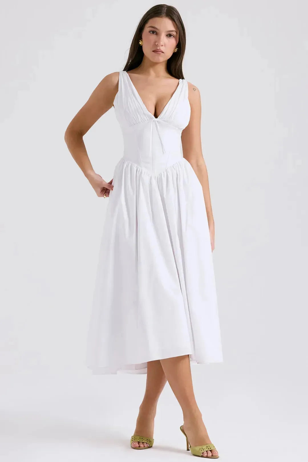 Vestido Blanco Midi para Boda Civil con Corset y Bolsillos – Emmelina