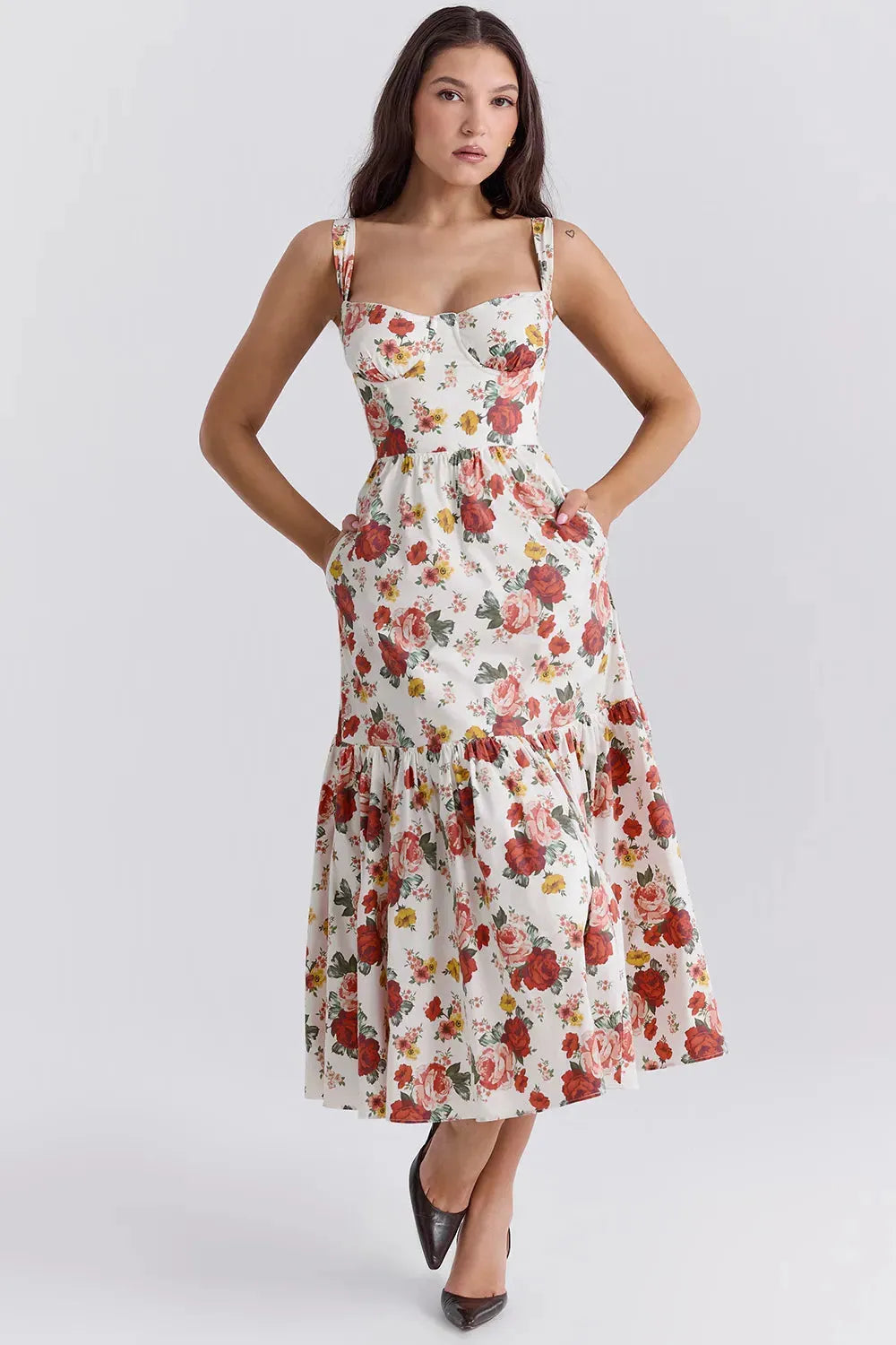 Vestido Midi Floral Elegante con Corset de Algodón – Modelo Elia